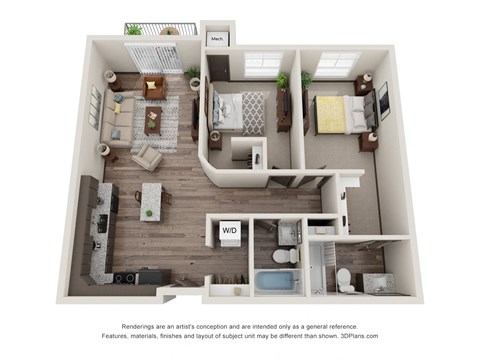 Floor plan for 2 beds, 2 baths, 1122 sqft